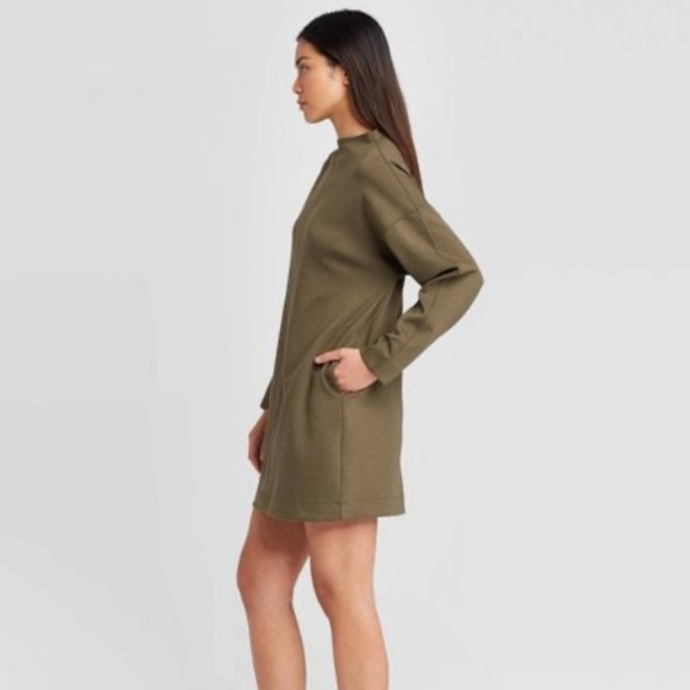 Olive Long Sleeve Scuba Dress - Picture 3 of 6